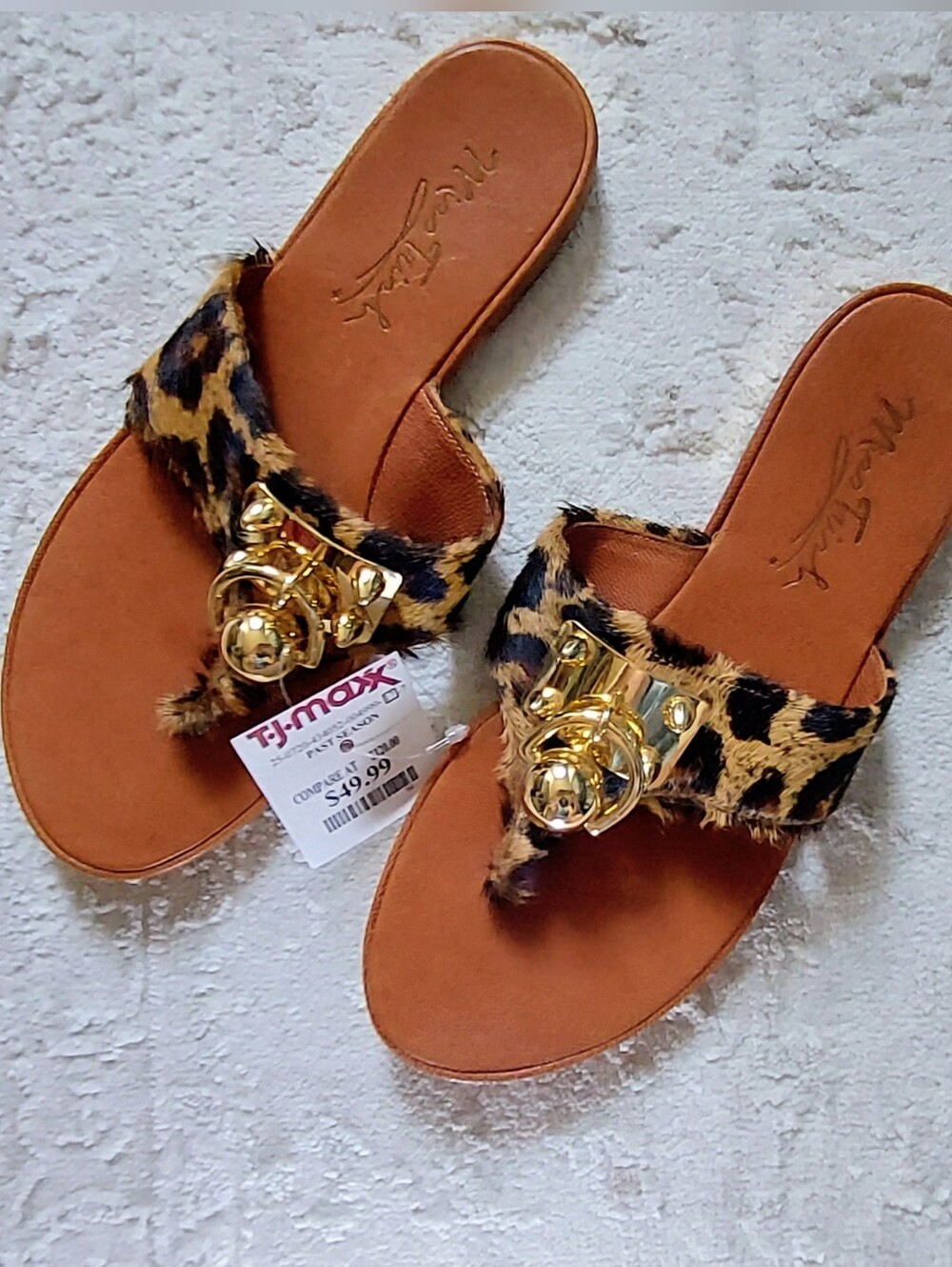 Miss Trish Gold Metal Embellished Leopard Hair On Hide Slide Sandals